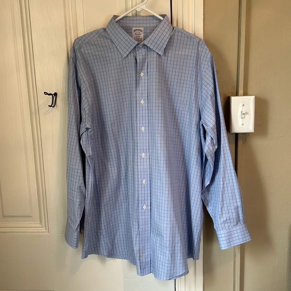 Brooks Brothers men’s non-iron button down light blue and white check pattern